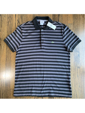 Lacoste Polo Shirt Mens 5 Gray Stripes Crocodile Logo Casual Cotton Knit NWT